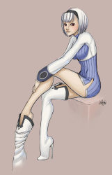 Rule 34 | 1girl, blanc neige, blue skirt, blush, boots, devilita, dress, full body, hairband, high heel boots, high heels, highres, lips, long sleeves, red eyes, sega, shining (series), shining tears, shoes, short dress, short hair, signature, simple background, single shoe, sitting, skirt, solo, thigh boots, thighhighs, undressing, white hair