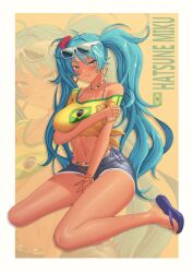 1girl absurdres aqua_eyes aqua_hair arm_under_breasts bead_necklace beads bikini bikini_under_clothes biting_own_lip blue_bikini blush bracelet brazilian_flag_print brazilian_miku breasts character_name denim denim_shorts earrings extrakrispykari eyewear_on_head flip-flops full_body hair_between_eyes hatsune_miku highres jersey jewelry large_breasts long_hair midriff multiple_views nail_polish navel navel_piercing necklace open_mouth piercing sandals shirt short_shorts shorts sitting smile sunglasses swimsuit tan tanline toenail_polish toenails twintails very_long_hair vocaloid wariza yellow_shirt