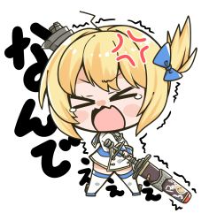 Rule 34 | &gt; &lt;, 1girl, aged down, anchor, anchor necklace, anger vein, azur lane, blonde hair, blue bow, blue capelet, blush stickers, bow, capelet, chibi, coat dress, commentary request, dress, full body, gold trim, hair bow, hair ornament, highres, holding, holding sword, holding weapon, jewelry, little renown (azur lane), long sleeves, mochimochi kinako., necklace, one side up, open mouth, outline, short hair, sidelocks, simple background, solo, standing, sword, tears, thighhighs, transparent background, trembling, two-handed, weapon, white background, white dress, white outline, white thighhighs, zettai ryouiki