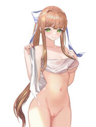 Rule 34 | 1girl, absurdres, bow, brown hair, censored, commentary, cowboy shot, doki doki literature club, green eyes, groin, hair bow, highres, long hair, looking at viewer, monika (doki doki literature club), mosaic censoring, nail polish, navel, ponytail, pussy, red nails, smile, solo, standing, stomach, thighs, very long hair, white bow, yami (rear4742)