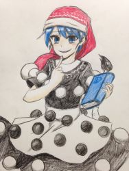 Rule 34 | 1girl, blue eyes, blue hair, blush, book, commentary request, cowboy shot, doremy sweet, efukei, finger to mouth, hand up, hat, holding, holding book, looking at viewer, nightcap, one-hour drawing challenge, open mouth, pom pom (clothes), red hat, short sleeves, smile, smirk, solo, tail, tapir tail, touhou, traditional media