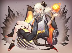 Rule 34 | 1girl, absurdres, arknights, black choker, blush, choker, collarbone, fire, giant hand, highres, horns, ifrit (arknights), crossed legs, long hair, nail polish, open mouth, orange eyes, orange nails, platinum blonde hair, sb lama, sitting, smile, solo, tail, thigh strap, tongue, twintails