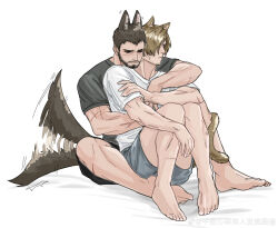 Rule 34 | 2boys, absurdres, alternate facial hair, animal ears, bao (bobobao21), bara, beard, blush, brown hair, cat boy, cat ears, cat tail, chris redfield, dog boy, dog ears, dog tail, ear wiggle, facial hair, grey shorts, highres, hug, hug from behind, kemonomimi mode, leon s. kennedy, male focus, mature male, motion blur, multiple boys, resident evil, resident evil 4, resident evil 4 (remake), short hair, shorts, sitting between lap, stubble, tail, tail around another&#039;s leg, toned, toned male, yaoi