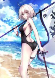 Rule 34 | + +, 1girl, ahoge, ass, backless outfit, backless swimsuit, bangle, banner, bare arms, bare shoulders, beach, black one-piece swimsuit, blue sky, bracelet, breasts, casual one-piece swimsuit, cloud, cloudy sky, day, fate/grand order, fate (series), from behind, hair between eyes, highres, holding, holding sword, holding weapon, horizon, jeanne d&#039;arc (fate), jeanne d&#039;arc alter (avenger) (fate), jeanne d&#039;arc alter (fate), jewelry, large breasts, looking at viewer, looking back, medium hair, ocean, one-piece swimsuit, outdoors, pale skin, parted lips, sand, shigure s, sideboob, silver hair, sky, smile, solo, standing, swimsuit, sword, thigh strap, weapon, yellow eyes