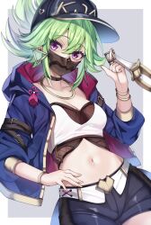 Rule 34 | 1girl, akali, akali (cosplay), baseball cap, black choker, black hat, black shorts, breasts, choker, cleavage, commentary, cosplay, cowboy shot, earrings, genshin impact, green hair, hand up, hat, highres, index finger raised, jacket, jewelry, k/da (league of legends), kuki shinobu, league of legends, looking at viewer, mask, medium breasts, mellow kaede, midriff, mouth mask, navel, open clothes, open jacket, ponytail, purple eyes, short shorts, shorts, sidelocks, solo, standing, stomach, strapless, tube top, white jacket
