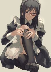 Rule 34 | 1girl, absurdres, alternate costume, apron, black dress, black hair, black thighhighs, collared dress, convenient leg, dress, enmaided, eternalpillow04, frilled apron, frills, glasses, hands up, highres, juliet sleeves, knee up, long hair, long sleeves, looking at viewer, loose hair strand, maid, maid headdress, no shoes, puffy sleeves, putting on legwear, red-framed eyewear, simple background, sitting, smile, solo, straight hair, thighhighs, usami shiori, white apron, world trigger