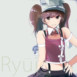 Rule 34 | 10s, 1girl, :3, alternate costume, bare shoulders, brown eyes, brown hair, character name, grey background, groin, hand on own hip, hat, kantai collection, looking at viewer, navel, pleated skirt, ryuujou (kancolle), simple background, skirt, sleeveless, solo, suspenders, tebi (tbd11), twintails