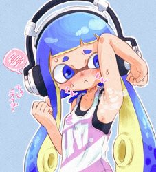 Rule 34 | 1girl, :&lt;, arm up, armpits, bare arms, bare shoulders, blue background, blue eyes, blue hair, blush, breasts, closed mouth, collarbone, covered erect nipples, hand up, headphone-chan (splatoon), headphones, highres, ikaheigen, inkling, inkling girl, inkling player character, long hair, nintendo, nose blush, outline, sideboob, small breasts, solo, speech bubble, splatoon (manga), splatoon (series), spoken blush, steaming body, suction cups, sweat, tank top, tentacle hair, white outline
