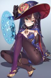Rule 34 | 1girl, 92m, ass, black hair, black pantyhose, blue leotard, blush, bodystocking, breasts, detached sleeves, elbow gloves, genshin impact, gloves, green eyes, hair ornament, hat, hat ornament, high heels, highres, jewelry, leotard, long hair, looking at viewer, magic circle, medium breasts, mona (genshin impact), pantyhose, simple background, sitting, small breasts, smile, solo, star (symbol), star hat ornament, twintails, witch hat