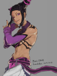 Rule 34 | 1girl, \m/, abs, artist name, bare shoulders, belt, black hair, breasts, chinese clothes, dated, detached sleeves, drill hair, dudou, eyeliner, fingerless gloves, gloves, grey background, grin, hair ornament, halterneck, halterneck, han juri, highres, hone shoukan, lipstick, looking at viewer, makeup, midriff, nail polish, naughty face, navel, pink legwear, purple eyes, purple nails, short hair, short twintails, sideboob, sidelocks, small breasts, smile, solo, spiked hair, street fighter, street fighter iv (series), toned, twin drills, twintails, you gonna get raped