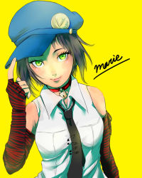 Rule 34 | 1girl, bad id, bad pixiv id, bare shoulders, bell, black hair, character name, choker, elbow gloves, fingerless gloves, gloves, green eyes, hat, marie (persona 4), neck bell, necktie, persona, persona 4, persona 4 the golden, safety pin, shipopo, short hair, simple background, sleeveless, solo, striped, yellow background