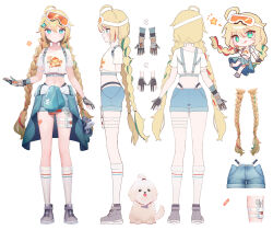 Rule 34 | 1girl, ahoge, ainy, arm strap, bandaid, bandaid on leg, black gloves, blonde hair, blue shorts, braid, butterfly hair ornament, character sheet, chest harness, chibi, clothes around waist, dog, flat chest, full body, gloves, glowing pupils, goggles, green eyes, green hair, hair between eyes, hair ornament, hammer, harness, highres, idol corp, jacket, jacket around waist, long hair, midriff, multicolored hair, navel, nikki rei, nikki rei (nikki 2.0), official art, partially fingerless gloves, red hair, shirt, shorts, sidelocks, streaked hair, thigh strap, tools, twin braids, very long hair, virtual youtuber, white background, white shirt, wrench, wrist straps