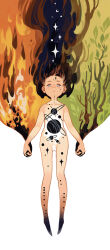 Rule 34 | 1girl, 2others, bare tree, barefoot, black skin, blue eyes, body markings, brown hair, burning, colored skin, crescent, dissolving, facial mark, fire, floating hair, forest, full body, holding hands, leaf, long hair, multicolored skin, multiple others, nature, neetiska, nude, original, planet, simple background, solo focus, sparkle, tearing up, tree, very long hair, white background