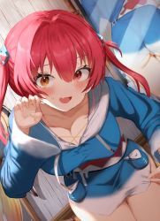 1girl, ass, bangs, blue hoodie, blush, breasts, claw pose, cleavage, cosplay, drawstring, eyebrows visible through hair, fang, gawr gura, gawr gura (cosplay), hair between eyes, hair ornament, hand up, heterochromia, highres, hololive, hololive english, hood, hood down, hoodie, houshou marine, large breasts, long hair, long sleeves, looking at viewer, mirror, nu (naoyahirota61217010), open mouth, red eyes, red hair, reflection, shark hair ornament, skin fang, solo, thigh gap, thighs, twintails, virtual youtuber, wooden floor, wooden wall