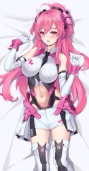 Rule 34 | 1girl, ahoge, bed sheet, between breasts, black necktie, blush, breasts, cleavage, dakimakura (medium), elbow gloves, from above, gloves, highleg, highres, large breasts, long hair, looking at viewer, lying, matrix16, midriff, navel, necktie, necktie between breasts, on back, open mouth, pink eyes, pink hair, rasis, solo, sound voltex, thighhighs, thighs, very long hair