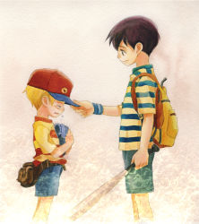 Rule 34 | 2boys, backpack, bag, baseball bat, baseball cap, black hair, blonde hair, blouse, borrowed clothes, brown eyes, child, closed eyes, crossover, fanny pack, from side, graphite (medium), hat, ichiyo (ichiyon), lucas (mother 3), male focus, mother (game), mother 2, mother 3, multiple boys, ness (mother 2), nintendo, open mouth, painting (medium), revision, shirt, shoes, shorts, smile, standing, striped clothes, striped shirt, tears, traditional media, unworn hat, unworn headwear, unworn shoes, watercolor (medium), wristband