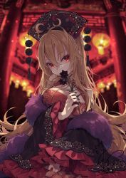 Rule 34 | 1girl, black nails, blurry, blurry background, commentary request, dress, eyelashes, feather boa, flower, flower to mouth, frilled sleeves, frills, holding, holding flower, junko (touhou), lily (flower), long hair, long sleeves, looking at viewer, nail polish, orange hair, phoenix crown, red eyes, solo, tassel, touhou, toutenkou, wide sleeves
