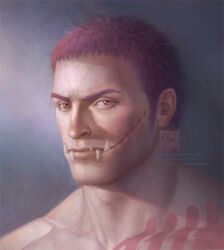 Rule 34 | 1boy, arm tattoo, charlotte katakuri, chest tattoo, looking at viewer, male focus, muscular, muscular male, one piece, pink hair, portrait, realistic, sephirona, short hair, solo, stitches, tattoo, thick eyebrows, tusks
