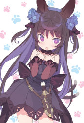 Rule 34 | + +, 1girl, alternate hairstyle, animal ears, bare shoulders, black dress, black hair, blade (galaxist), blue flower, blush, cat ears, cat girl, cat tail, commentary request, dagger, dress, fang, flower, hair flower, hair ornament, hands up, kemonomimi mode, knife, long sleeves, looking at viewer, multicolored hair, off-shoulder dress, off shoulder, open mouth, paw print, paw print background, purple eyes, purple hair, rice shower (umamusume), short eyebrows, simple background, sleeves past wrists, solo, tail, thick eyebrows, two-tone hair, umamusume, virtual youtuber, weapon, white background