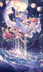 Rule 34 | 1girl, :d, arm up, armpits, artist name, atdan, bare legs, bare shoulders, barefoot, blue dress, blue eyes, blue flower, blue hair, bouquet, bow, breasts, choker, cleavage, commentary, dress, english commentary, fantasy, fish, floating, flower, full body, full moon, hair between eyes, haiyi, hat, hat feather, highres, jellyfish, layered dress, looking at viewer, magic, md5 mismatch, medium breasts, medium hair, mini hat, moon, mountain, night, night sky, open mouth, petals, purple bow, purple choker, purple ribbon, red flower, resolution mismatch, ribbon, ribbon choker, rose, sky, smile, smiley face, solo, splashing, strapless, strapless dress, vocaloid, water, white hat, wrist bow, yellow flower, yellow rose