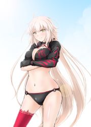 Rule 34 | 1girl, asymmetrical clothes, bikini, black bikini, black jacket, blonde hair, blush, breasts, choker, cleavage, crossed arms, diesel-turbo, fate/grand order, fate (series), gloves, gradient background, jacket, jeanne d&#039;arc alter (swimsuit berserker) (fate), jeanne d&#039;arc (fate), jeanne d&#039;arc alter (fate), jeanne d&#039;arc alter (swimsuit berserker) (fate), large breasts, long hair, looking at viewer, o-ring, single glove, single thighhigh, smile, solo, standing, swimsuit, thighhighs, yellow eyes