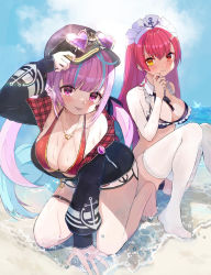 Rule 34 | 2girls, :p, anchor symbol, beach, bikini, black bikini, blue hair, blue sky, blush, breasts, cleavage, cosplay, costume switch, earrings, eyewear on headwear, hat, hazukikei, heart, heart-shaped eyewear, heart earrings, heart necklace, heterochromia, highres, hololive, houshou marine, houshou marine (summer), jacket, jewelry, long hair, looking at viewer, minato aqua, multicolored hair, multiple girls, necklace, o-ring, o-ring thigh strap, ocean, open clothes, open jacket, pink hair, red bikini, red eyes, red hair, sailor, sand, sitting, sky, streaked hair, sunlight, swimsuit, thigh strap, thighhighs, tongue, tongue out, virtual youtuber, water, wet, yellow eyes