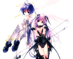 Rule 34 | 2girls, ahoge, armband, black vs white, blue eyes, blue hair, bob cut, bodysuit, boots, bracelet, breasts, cleavage, expressionless, floating, gauntlets, halo, jewelry, large breasts, long hair, looking at viewer, multiple girls, original, polearm, purple eyes, purple hair, refeia, science fiction, short hair, smile, spear, thigh gap, thighhighs, v arms, very long hair, weapon
