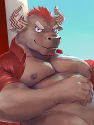 Rule 34 | 1boy, animal ears, bara, bare pectorals, brown fur, cow ears, cow horns, cowboy shot, facial hair, fuga9, furry, furry male, goatee, groin, gyumao (housamo), horns, large pectorals, looking at viewer, male focus, mature male, minotaur, mohawk, muscular, muscular male, naked shirt, nipples, open clothes, open shirt, pectorals, red hair, red shirt, scar, scar on face, scar on nose, shirt, short hair, smile, solo, stomach, thick eyebrows, tokyo houkago summoners