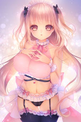 Rule 34 | 1girl, bad id, bad pixiv id, bare shoulders, black panties, black thighhighs, blonde hair, breasts, brown eyes, cameltoe, collarbone, commentary request, commission, covered erect nipples, cowboy shot, crop top, frilled shirt, frills, garter belt, hair ribbon, hands on own chest, highres, large breasts, long hair, looking at viewer, maid headdress, midriff, momoi komomo, navel, neck ribbon, original, panties, parted lips, pink ribbon, pink shirt, ribbon, see-through, shiny skin, shirt, solo, standing, stomach, thigh gap, thighhighs, two side up, underwear, very long hair, wristband