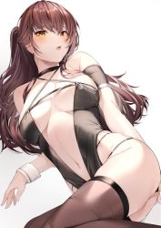 Rule 34 | 1girl, :o, amagimei, azur lane, bare shoulders, blush, breasts, breasts apart, brown eyes, brown hair, brown thighhighs, center opening, cleavage, collarbone, criss-cross halter, earrings, halterneck, highres, jewelry, large breasts, long hair, looking at viewer, navel, one side up, race queen, smile, solo, stud earrings, thighhighs, thighs, very long hair, wrist cuffs, zuikaku (azur lane), zuikaku (the wind&#039;s true name) (azur lane)
