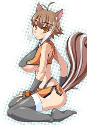 Rule 34 | 1girl, animal ears, arc system works, ass, blazblue, blazblue: continuum shift, breasts, covered erect nipples, female focus, full body, halftone, halftone background, highres, makoto nanaya, multicolored hair, navel, orange eyes, short hair, solo, squirrel ears, squirrel tail, star (symbol), tail, two-tone hair, underboob, white background