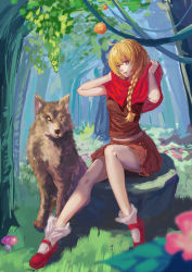 Rule 34 | 1girl, ahoge, big bad wolf, blonde hair, braid, day, forest, highres, little red riding hood, little red riding hood (grimm), mary janes, nature, outdoors, shoes, single braid, sitting, sketch, skirt, solo, wolf, yukiyo (otca202)