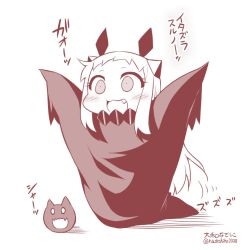 Rule 34 | 10s, 1girl, :3, :d, abyssal ship, commentary request, contemporary, fang, halloween, horns, kantai collection, long hair, monochrome, northern ocean princess, open mouth, smile, solo, translated, twitter username, yamato nadeshiko