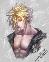Rule 34 | 00s, 10s, 1990s (style), 1boy, 2015, abs, bare pectorals, blonde hair, cloud strife, coat, collarbone, earrings, final fantasy, final fantasy vii, final fantasy vii advent children, jay b lee, jewelry, looking down, male focus, muscular, open clothes, open coat, pectorals, pectorals, signature, solo, upper body