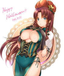 Rule 34 | 1girl, alternate costume, areola slip, black gloves, braid, breasts, brown hair, cleavage, cleavage cutout, clothing cutout, corset, covered erect nipples, cowboy shot, dated, dress, elbow gloves, english text, female focus, gloves, green dress, green eyes, green panties, halloween, hand on own chest, happy halloween, hong meiling, jpeg artifacts, large breasts, long hair, looking at viewer, monety, panties, panty straps, parted lips, pelvic curtain, pumpkin hat, ribbon, short sleeves, side-tie panties, solo, star (symbol), string panties, thighs, touhou, twin braids, underboob, underwear, very long hair