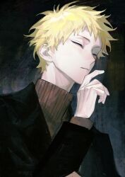 Rule 34 | 1boy, atou haruki, black jacket, blonde hair, brown sweater, chinese commentary, closed eyes, closed mouth, commentary request, finger to own chin, highres, jacket, konekoy, long sleeves, male focus, open clothes, open jacket, ribbed sweater, saibou shinkyoku, short hair, solo, sweater, turtleneck, turtleneck sweater