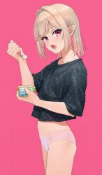 1girl absurdres blonde_hair eating food hair_intakes heart heart_print highres holding holding_spoon ice_cream looking_at_viewer makaino_ririmu multicolored_hair nijisanji no_pants open_mouth panties pink_background pointy_ears red_eyes sabamen short_hair simple_background single_hair_intake solo spoon streaked_hair underwear virtual_youtuber