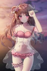 Rule 34 | 1girl, animal ears, antenna hair, arknights, bad id, bad pixiv id, bare shoulders, bikini, blush, breasts, bridal garter, brown hair, cleavage, commentary, cowboy shot, eyjafjalla (arknights), eyjafjalla (summer flower) (arknights), flower, gin (gin937), gluteal fold, hair flower, hair ornament, hand up, highres, horns, light particles, long hair, looking at viewer, navel, off-shoulder bikini, off shoulder, official alternate costume, outdoors, pink bikini, pink eyes, pink flower, plaid, plaid bikini, sheep ears, sheep horns, short sleeves, small breasts, solo, sparkle, standing, stomach, swimsuit, thighs