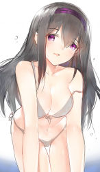 Rule 34 | 1girl, :d, akemi homura, alternate breast size, bare arms, bare shoulders, bent over, bikini, black hair, blush, breasts, cleavage, collarbone, cowboy shot, front-tie bikini top, front-tie top, gradient background, grey bikini, grey ribbon, hair between eyes, hairband, hanging breasts, head tilt, highres, horz, large breasts, long hair, looking at viewer, mahou shoujo madoka magica, mahou shoujo madoka magica (anime), navel, open mouth, purple eyes, purple hairband, side-tie bikini bottom, sketch, smile, solo, standing, stomach, strap slip, swimsuit, tareme, thigh gap, thighs, very long hair, white background