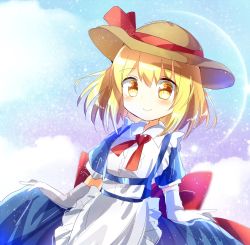 Rule 34 | 1girl, apron, blonde hair, blue dress, blush, bow, brown hat, chisen maimai, closed mouth, dress, elbow gloves, gloves, hat, hat bow, highres, kana anaberal, red bow, red neckwear, red ribbon, ribbon, short hair, sky, smile, touhou, touhou (pc-98), yellow eyes