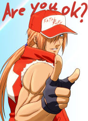 Rule 34 | 1boy, akimaru, blonde hair, english text, fatal fury, hat, male focus, pointing, ponytail, snk, solo, terry bogard, the king of fighters, thumbs up