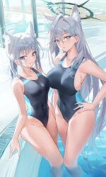 Rule 34 | 1girl, absurdres, ahoge, animal ear fluff, animal ears, armpits, bare arms, bare shoulders, black one-piece swimsuit, blue archive, blue eyes, breasts, competition swimsuit, covered navel, extra ears, grey hair, hair between eyes, halo, hand on own hip, highleg, highleg swimsuit, highres, large breasts, legs, long hair, looking at viewer, medium breasts, one-piece swimsuit, pdxen, pool, shiroko (blue archive), shiroko (swimsuit) (blue archive), shiroko terror (blue archive), short ponytail, sideboob, sidelocks, smile, solo, standing, swimsuit, thighs, very long hair, wading, water, white hair, wolf ears