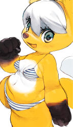 Rule 34 | 1girl, animal nose, aqua eyes, arm at side, bare shoulders, bikini, black fur, blue bikini, blush, body fur, breasts, clenched hand, cowboy shot, cropped legs, female focus, fox girl, fox tail, furry, furry female, hair between eyes, hand up, happy, highres, koki (ryoushikiha), light blush, looking at viewer, multicolored fur, navel, open mouth, original, short hair, simple background, sketch, small breasts, smile, snout, solo, standing, stomach, striped bikini, striped clothes, swept bangs, swimsuit, tail, thick thighs, thighs, white background, white fur, white hair, wide hips, yellow fur