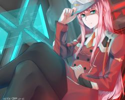 Rule 34 | 10s, aqua eyes, bad id, bad pixiv id, breasts, buttons, coat, crossed legs, darling in the franxx, double-breasted, green eyes, hair over breasts, hat, holding, holding clothes, holding hat, long sleeves, medium breasts, military, military hat, military uniform, necktie, orange necktie, pantyhose, paperca-ke, pink hair, red coat, short necktie, sitting, solo, thighs, uniform, zero two (darling in the franxx)