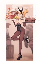 Rule 34 | 1girl, alcohol, bare shoulders, barrel, beer, black choker, black hairband, black leotard, blonde hair, blue eyes, blunt bangs, blush, bow hairband, braid, breasts, choker, cleavage, covered navel, crown braid, cup, earrings, elbow gloves, foam, food, from side, fruit, full-face blush, gloves, hair bun, hairband, high heels, highleg, highleg leotard, holding, holding cup, holding plate, holding tray, jewelry, kebab, knee up, large breasts, leg up, leotard, meat, original, pancake, pancake stack, pantyhose, pineapple, pineapple slice, plate, plate stack, platform footwear, playboy bunny, profile, rabbit tail, shrimp, shrimp tempura, standing, standing on one leg, steam, strapless, strapless leotard, tail, tempura, tray, yau5531