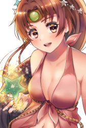 Rule 34 | 1girl, bikini, blush, breasts, brown eyes, brown hair, cleavage, collarbone, fire emblem, fire emblem: mystery of the emblem, fire emblem heroes, highres, large breasts, linde (fire emblem), long hair, looking at viewer, nintendo, open mouth, ponytail, satuki (jo4pr8), simple background, smile, solo, starfish, swimsuit, upper body, white background