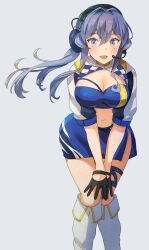Rule 34 | 1girl, bandeau, black gloves, blue bandeau, blue eyes, blue hair, blue skirt, blue tube top, blush, breasts, cleavage, cropped jacket, feet out of frame, gloves, gotland (kancolle), grey background, hair between eyes, headphones, highres, jacket, kantai collection, kasumi (skchkko), large breasts, long hair, looking at viewer, midriff, miniskirt, mole, mole under eye, navel, open mouth, race queen, revision, short sleeves, shrug (clothing), simple background, skirt, smile, solo, stomach, strapless, tube top, white jacket