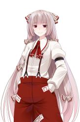 Rule 34 | 1girl, bow, crote, embellished costume, eyelashes, female focus, frills, fujiwara no mokou, hair bow, hands in pockets, highres, long hair, looking at viewer, red eyes, silver hair, smile, solo, suspenders, touhou, transparent background, very long hair, white background