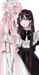 Rule 34 | 2girls, bare shoulders, black bow, black bowtie, black dress, black hair, blunt bangs, blush, bonnet, bow, bowtie, breasts, cleavage, closed mouth, dress, flower, frills, gloves, grey eyes, highres, large breasts, lipstick, lolita fashion, long hair, looking at viewer, makeup, mole, mole under eye, multiple girls, original, pink eyes, pink flower, pink hair, pink lips, pink rose, puffy sleeves, red lips, rose, shikishima (eiri), simple background, very long hair, white background, white dress, white gloves, white headwear