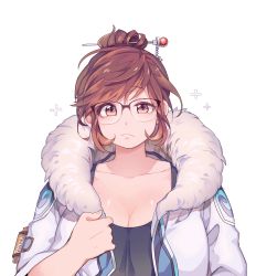 Rule 34 | 1girl, artist name, bad id, bad twitter id, beads, black shirt, breasts, brown eyes, brown hair, cleavage, closed mouth, coat, collarbone, fur-trimmed coat, fur coat, fur trim, glasses, hair bun, hair ornament, hair stick, hand up, highres, huge breasts, long sleeves, looking at viewer, mei (overwatch), open clothes, open coat, overwatch, overwatch 1, panza, parka, shirt, short hair, simple background, single hair bun, sleeveless, snowflake hair ornament, solo, tank top, upper body, white background, winter clothes, winter coat